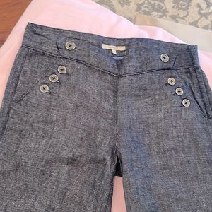 Linen pants with denim look slight flare. Side Zipper/hook closure. No stretch